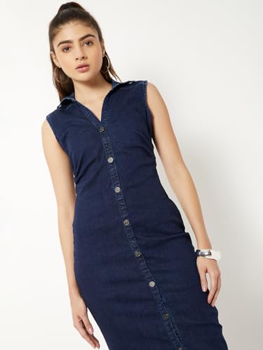 Max Women Ruched Denim Shirt Dress (Blue_M)