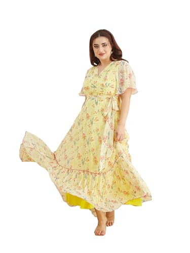 Miss Chase A+ Women's Bohemian V-Neck Flutter Sleeve Chiffon Relaxed Fit Wrap Maxi Dress (APAW24D94-14-PAC-09, Multicolored Base Marigold Yellow, 4XL)