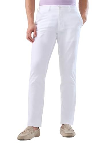 Park Avenue Men Slim Fit Structure Pattern Pure Cotton Flat Front Casual Trouser White