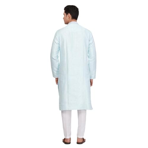Ethnix Men's Regular Fit Jacquard Pattern Polyester Blend Long Sleeve Traditional Kurta Blue