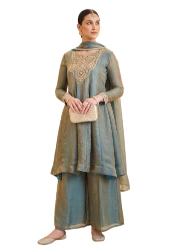 Women's Sage Green Fandy Silk Kurta Palazzo Set With Dupatta