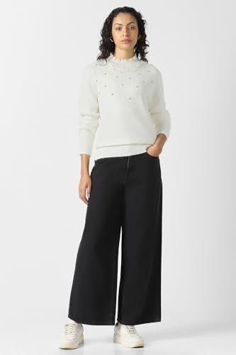 Women White Embellished Round Neck Sweater