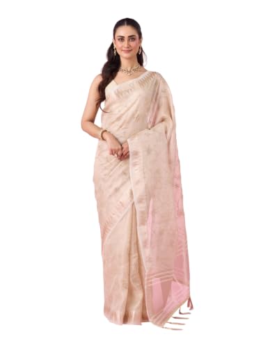 MOHEY Women's Art Silk Stone Work, Woven & Cutdana Work Saree with Blouse Piece (Cream)
