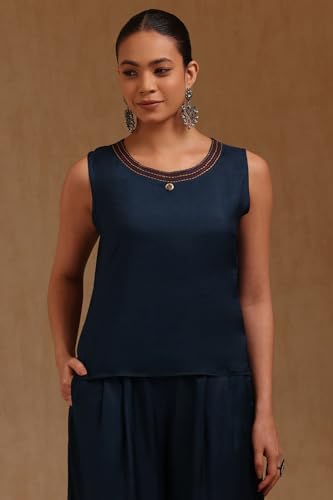 Soch Womens Blue Brocade With Zari Woven Kaftan Suit With Stones And With Sequins