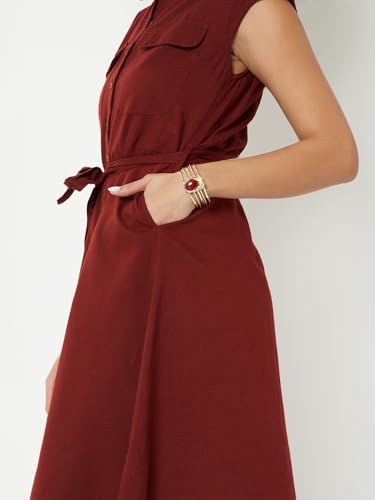 Max Women Solid Shirt Dress with Belt(Maroon_XS)