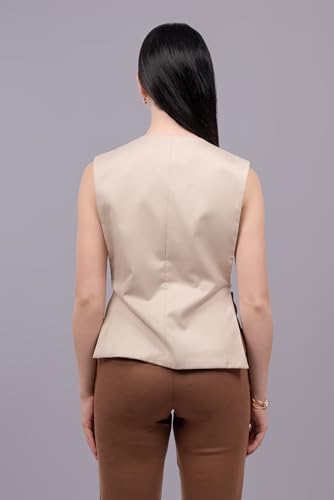 ZLAATA Formal Waistcoat Top for Women | Club Lycra Fabric | V Neck Style | Sleeveless Side Open Design with Buckle Detail | Regular Fit | Straight Hemline Tops for Woman | Pack of 1 (Beige, S)