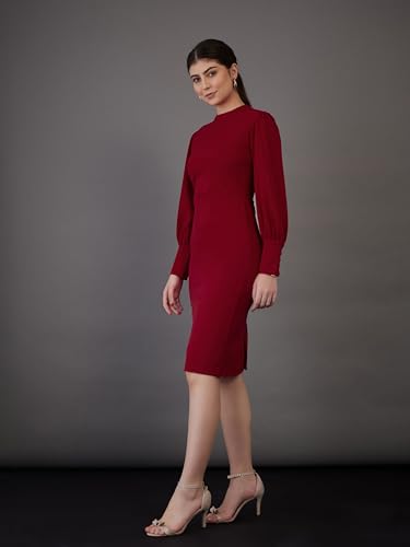 Sassafras worklyf Women's Red Puff Sleeves Bodycon Midi Dress-XS