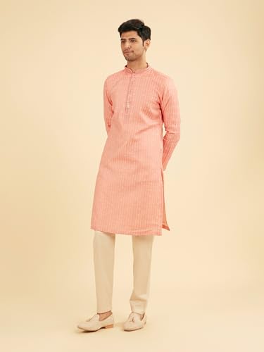 Manyavar Men's Art Silk Sequined Placket Printed Festive Kurta Set (Peach,M)