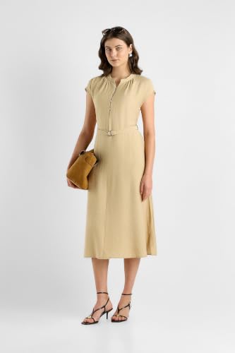 Women Beige Solid Knee Length Casual Dress