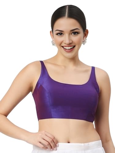 Biyu Women's Art Silk Solid Round Neck Sleeveless Readymade Saree Blouse (Purple, 34)