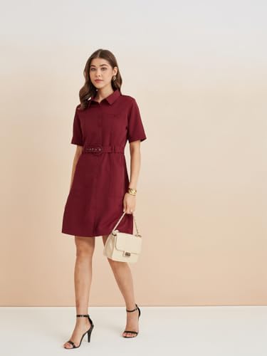 Latin Quarters Women's Maroon Collar Neck Half Sleeves Solid Casual Shirt Dress_XXL