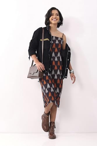 Biba Nxt Women Black Cotton Abstract Printed Strappy Midi Dress_38