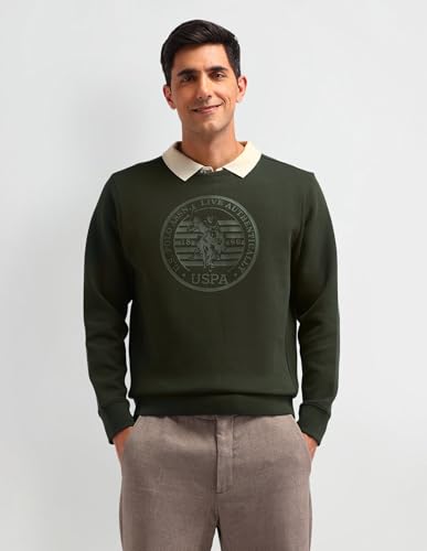 U.S. Polo Assn. Denim Co. Men's Olive Printed Crew Neck Long Sleeve Casual Cotton Regular Fit Sweatshirt (UDSWS0488_Olive_S)