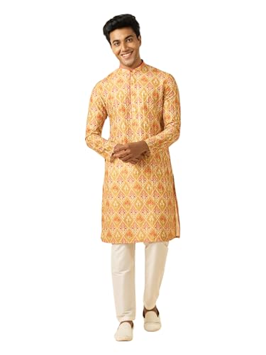 DIWAS BY MANYAVAR Men's Art Silk Ikat Style Printed Kurta Set (Mustard,M)