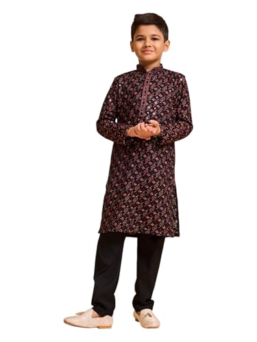 Manyavar Boys Viscose Thread Embroidery & Sequins Festive Kurta Pyjama Set (Black,8-10Y)