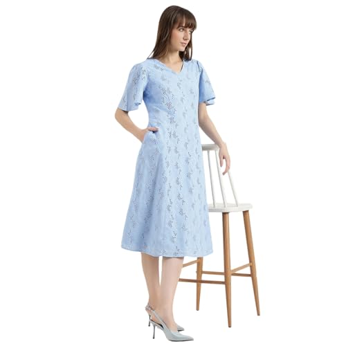 United Colors of Benetton Regular Fit V-Neck Schiffli Embroidered Dress (Size : M) - 26P4WVNDRS83I51B Blue