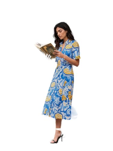 Max Women Printed Midi Dress with Belt (Blue_XS)
