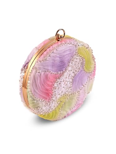 THE TAN CLAN Tide Pink floral embroidered clutch purse women stylish for bridal handbag round designer clutch bag for women wedding party ethnic fancy with metal handle ladies purse