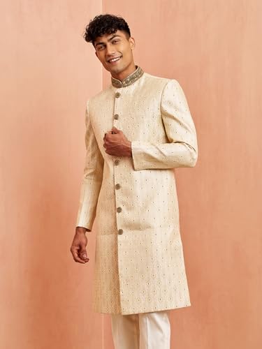 VASTRAMAY Men Cream Silk Sherwani - Maroon Motif Mandarin Collar Cutdana Work Wedding