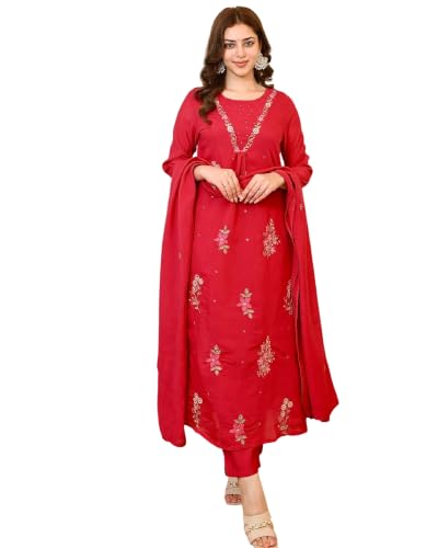 Women's Red Chanderi Embroidered Straight Kurta Set With Dupatta And Pant