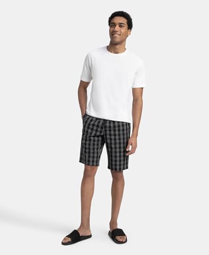 Jockey 9005 Men's Super Combed Mercerized Cotton Woven Fabric Regular Fit Checkered Bermuda with Side Pockets_Black_XL