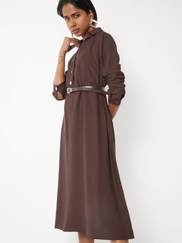 Max Women Solid Belted Shirt Dress (Brown_XS)