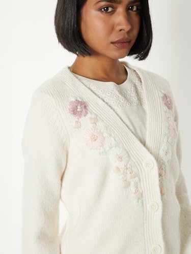 Max Women Floral Embroidered Cardigan (Off White_L)