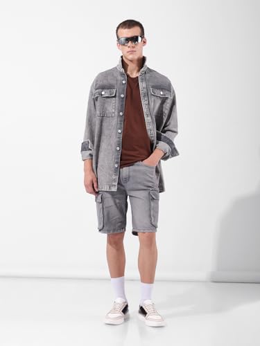 The Indian Garage Co Men Relaxed Fit Printed Mid Rise Denim Shorts (Grey_32)