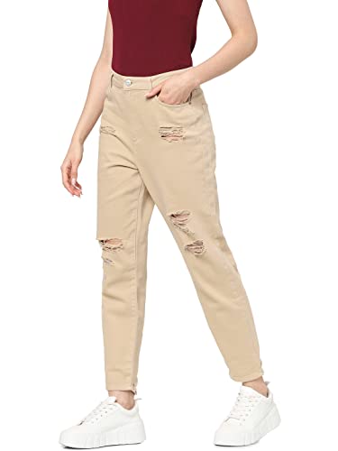Only Women's High Rise Distressed Mom Jeans | Boyfriend Jeans for Women Brown