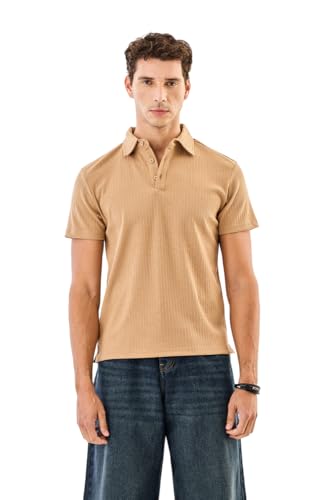 SNITCH Men's Polo T-Shirt | Ribbed Texture & Buttoned Placket | Polyester Blend Fabric, Regular Fit, Casual Wear | Beige
