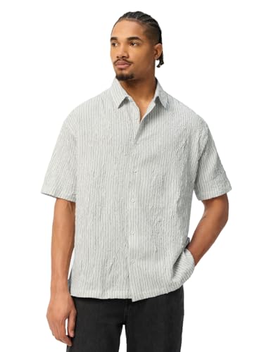 The Souled Store: Linear Men and Boys Short Sleeve Spread Collar Light Grey Textured Polyester Blend Lightweight Everyday Office Wear Drop Shoulder Streetwear Casual Oversized Shirt