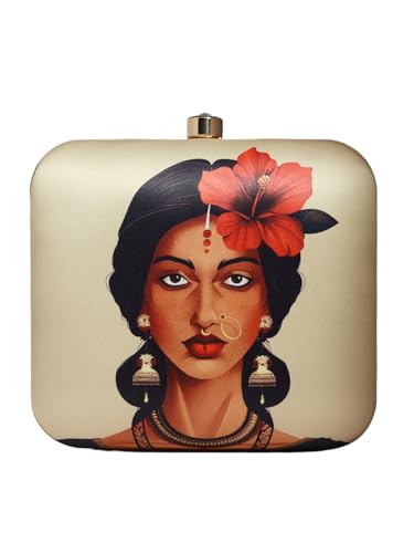 Beige Based Floral Woman Portrait Printed Clutch