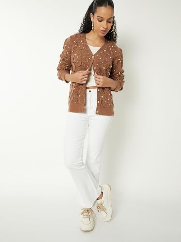 Max Women Pearl Embellished Cardigan (Beige_L)