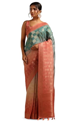 Soch Womens Light Pink Tussar Checked Saree With Zari Work