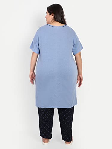 CUPID Woman Printed Plus Size Cotton Night Dress, Loungewear, Nightwear, Night Suit, Daily Use Top n Pyjama Set with Pocket for Ladies_Black/Blue_7XL