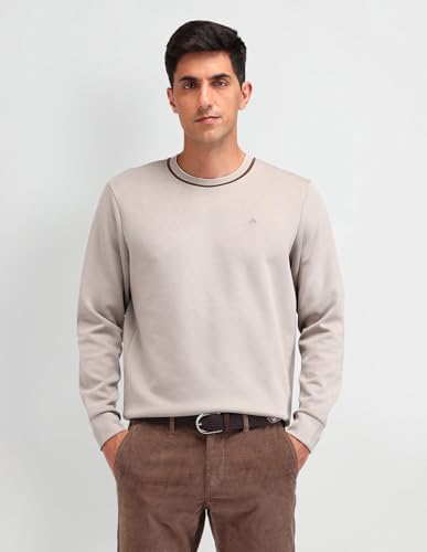 Arrow Men's Tan Patterned Knit Crew Neck Long Sleeve Casual Cotton Regular Fit Sweatshirt (ARAISS3983_Tan_XL)