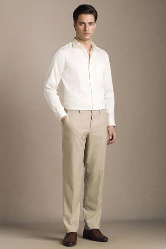 Men Beige Solid Flat Front Formal Trousers