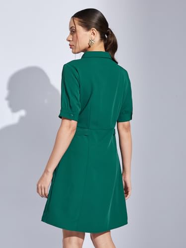 Latin Quarters Women Green Collared Half Sleeves Solid A-Line Shirt Dress for Casual Wear
