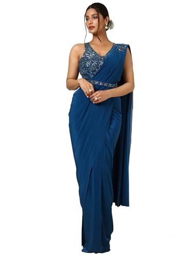 Soch Womens Teal Nylon Blend Saree With Sequins
