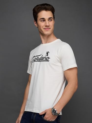 Giordano White Cotton Brand Logo Printed Slim Fit Short Sleeves T-Shirt