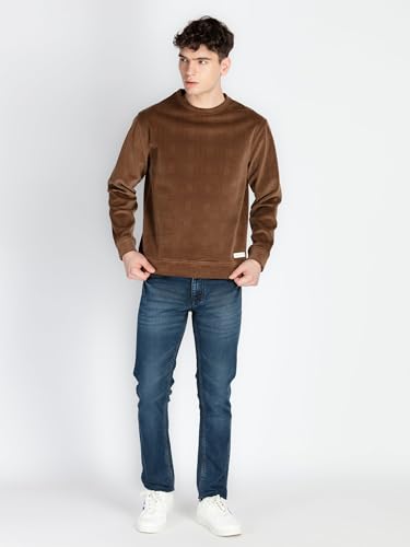 Status Quo Mens Solid Round Neck Lightweight Sweatshirt Brown