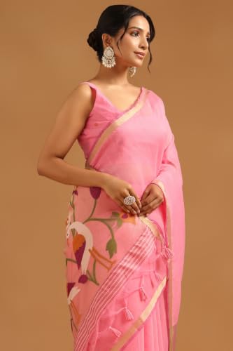 Soch Womens Pink Organza Brocade Bird motifs Saree