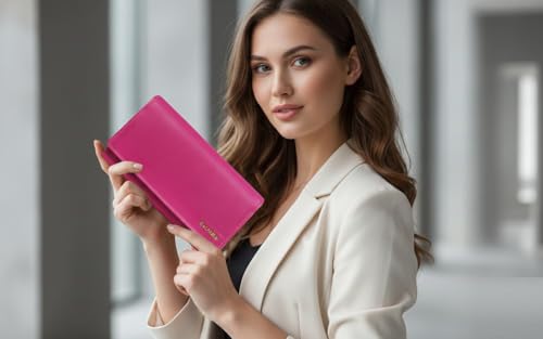 Calfnero Women's Genuine Leather Wallet-Long Purse Wallet with Multiple Card Slots, Zip Pocket and Note Compartment (Pink)