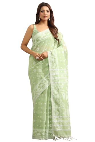 Soch Womens Light Green Cotton Jamdani Woven Saree