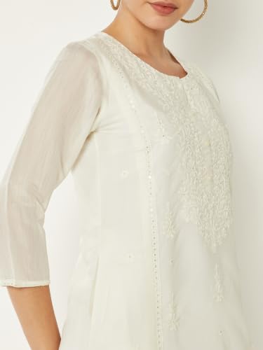Max Women Embroidered Straight Kurta Set(Off White_L)