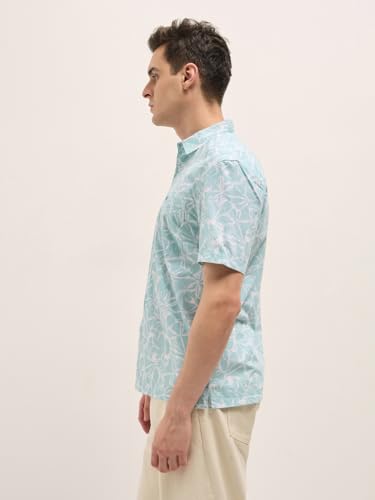 THE BEAR HOUSE Men's Green Relaxed Fit Cotton Half Sleeve Shirt