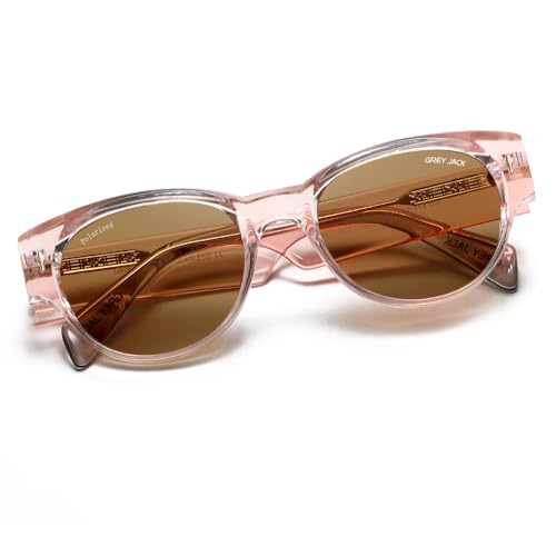 grey jack Oval TR90 Frame Polarized Sunglasses for Men Women,Classic Restro UV Protected Eyewear 3319 Transparent Pink Frame Brown Lens