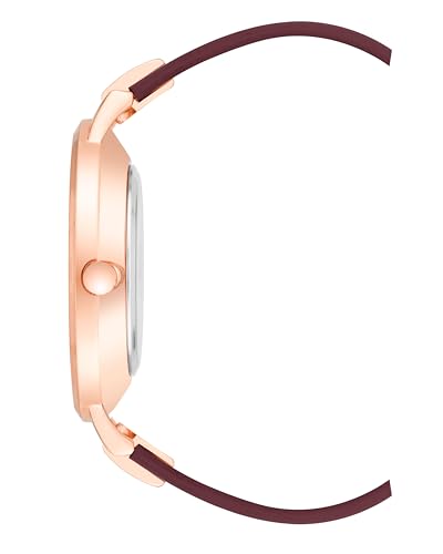 Nine West Women's Floral Dial Analog Watch, Burgundy Faux Leather Band, Vegan Leather Strap, Limited Movement, Rose Gold-Tone Textured Face with Floral Design