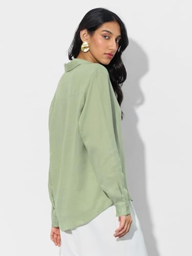 The Souled Store Lyocell Linen: Woodland Women and Girls Long Sleeve Collared Neck Solid Lyocell Linen Blend Regular Fit Button Front Shirt