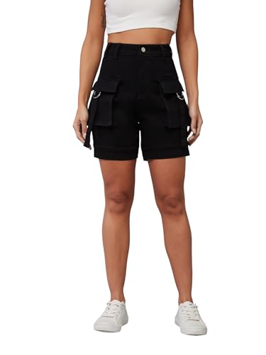 Dolce Crudo Women's Flared High Rise Regular Stretchable Denim Shorts (DOSS24DEN79-05-383-32, Slate Black, 32)